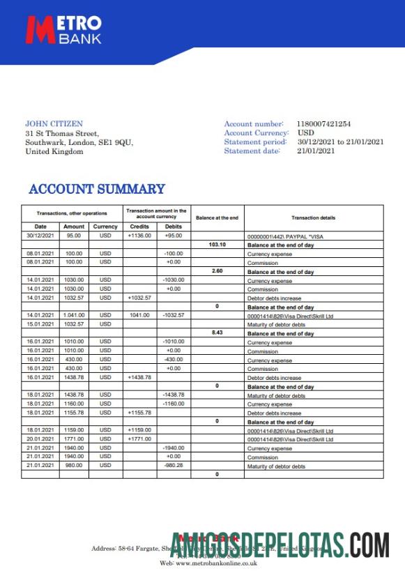Modelo de extrato bancário Metro do Reino Unido para download em formato Word e PDF